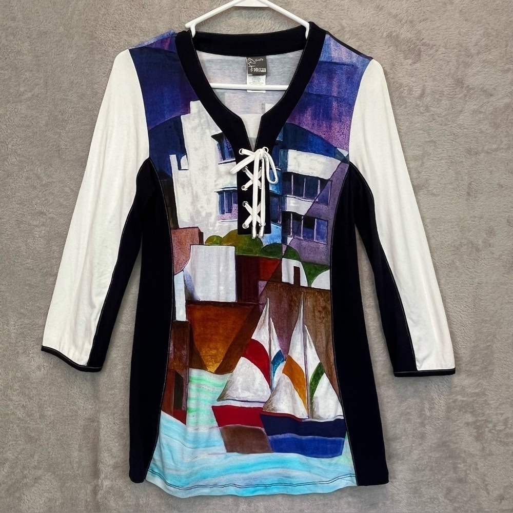 Simply Art By Dolcezza Art To Wear Top Sail Boats Coastal Sz XS Tunic